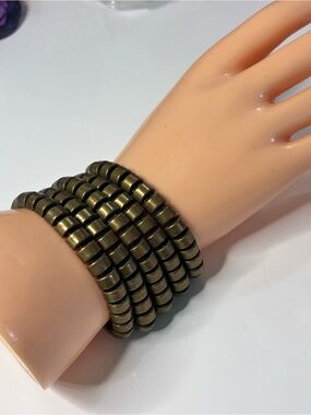 Antique Brass Harlequin Style Bracelet with Cylinder Beads- Metallic Olive Tone